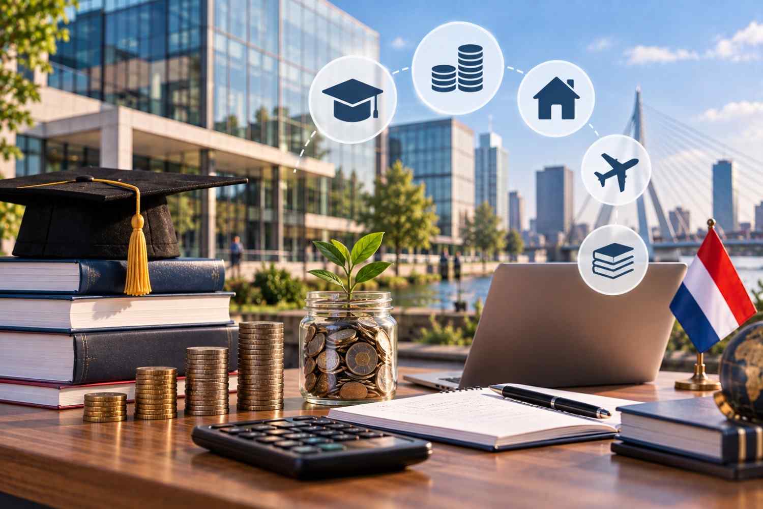 Business master&rsquo;s student expenses represented by tuition, housing, travel, books, and savings symbols on a desk, with a European university campus, Dutch flag, and Rotterdam-style skyline in the background.